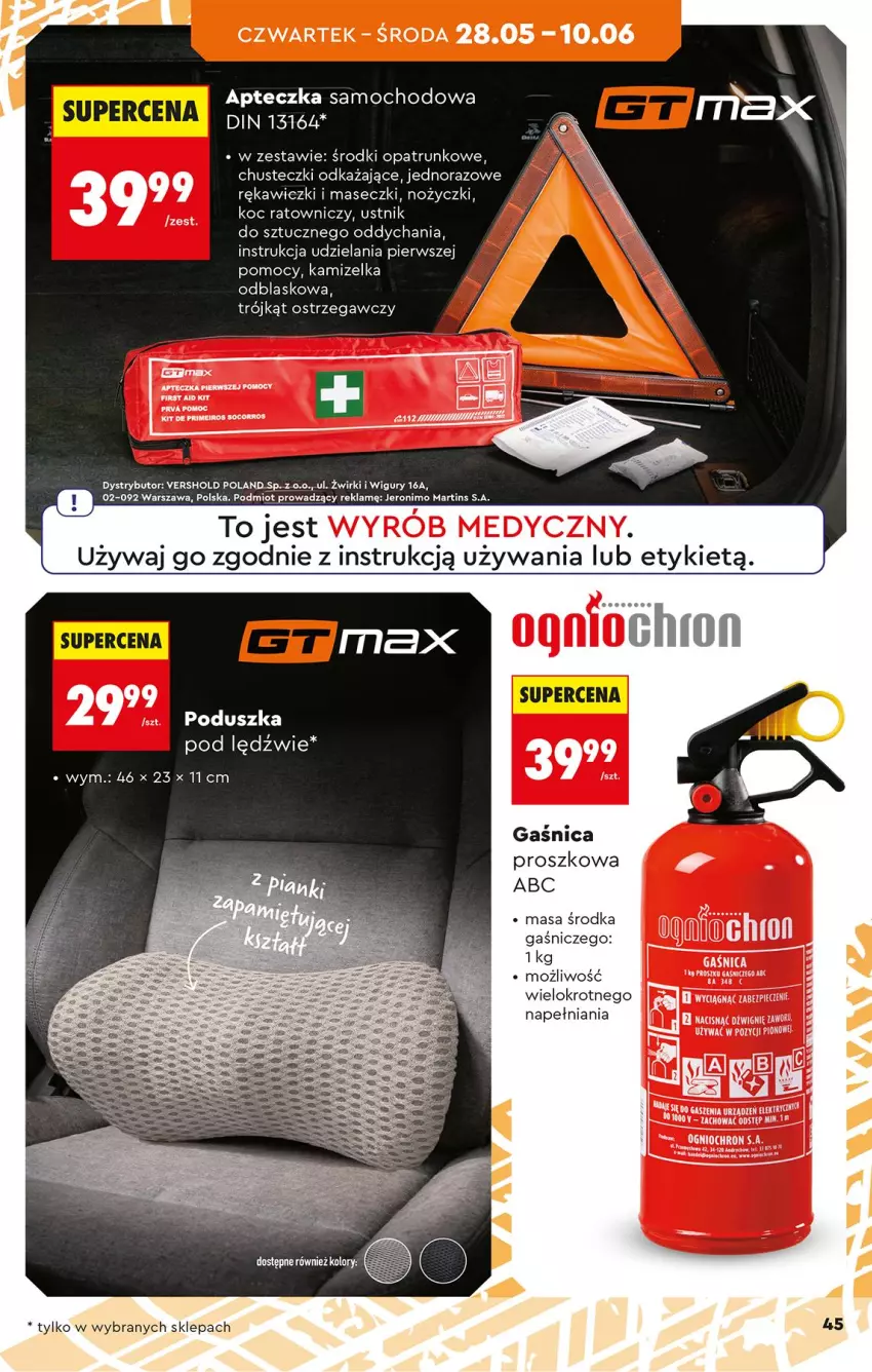 Gazetka promocyjna Biedronka - Okazje Tygodnia - ważna 25.05 do 06.06.2026 - strona 47 - produkty: Apteczka samochodowa, Chusteczki, Dźwig, Gaśnica, Kamizelka, Kamizelka odblaskowa, Koc, Noż, Nożyczki, Trójkąt ostrzegawczy, Ustnik