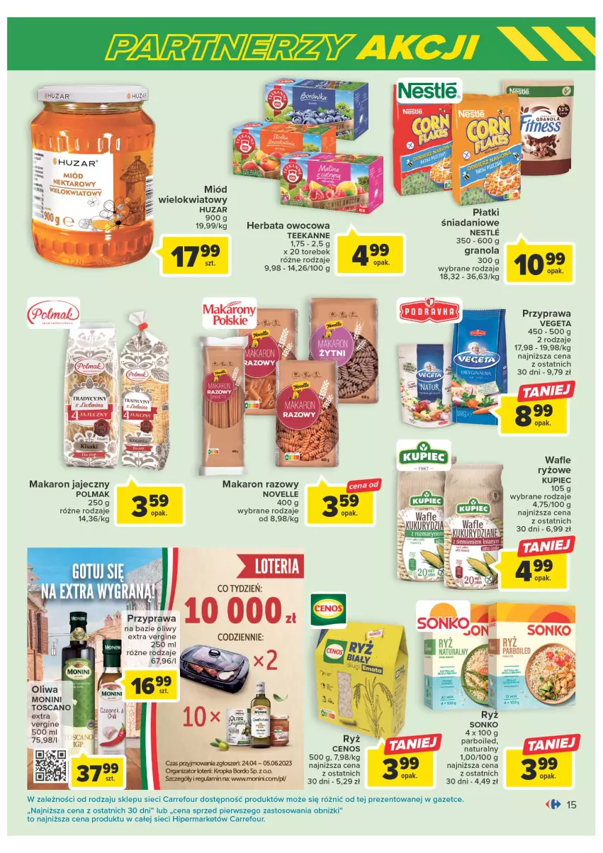 Gazetka promocyjna Carrefour - Gazetka Marki znane i lubiane - ważna 09.05 do 27.05.2023 - strona 15 - produkty: Cenos, Czosnek, Danio, Gin, Gra, Granola, Herbata, Herbata owocowa, Makaron, Miód, Monini, Ryż, Teekanne, Vegeta, Wafle