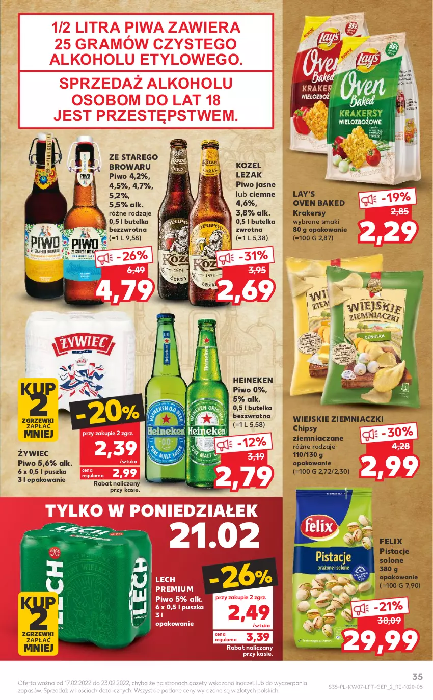 Gazetka promocyjna Kaufland - OFERTA TYGODNIA - ważna 17.02 do 23.02.2022 - strona 35 - produkty: Chipsy, Felix, Gra, Heineken, Kozel, Krakersy, Lech Premium, Pistacje, Piwa, Piwo, Piwo jasne