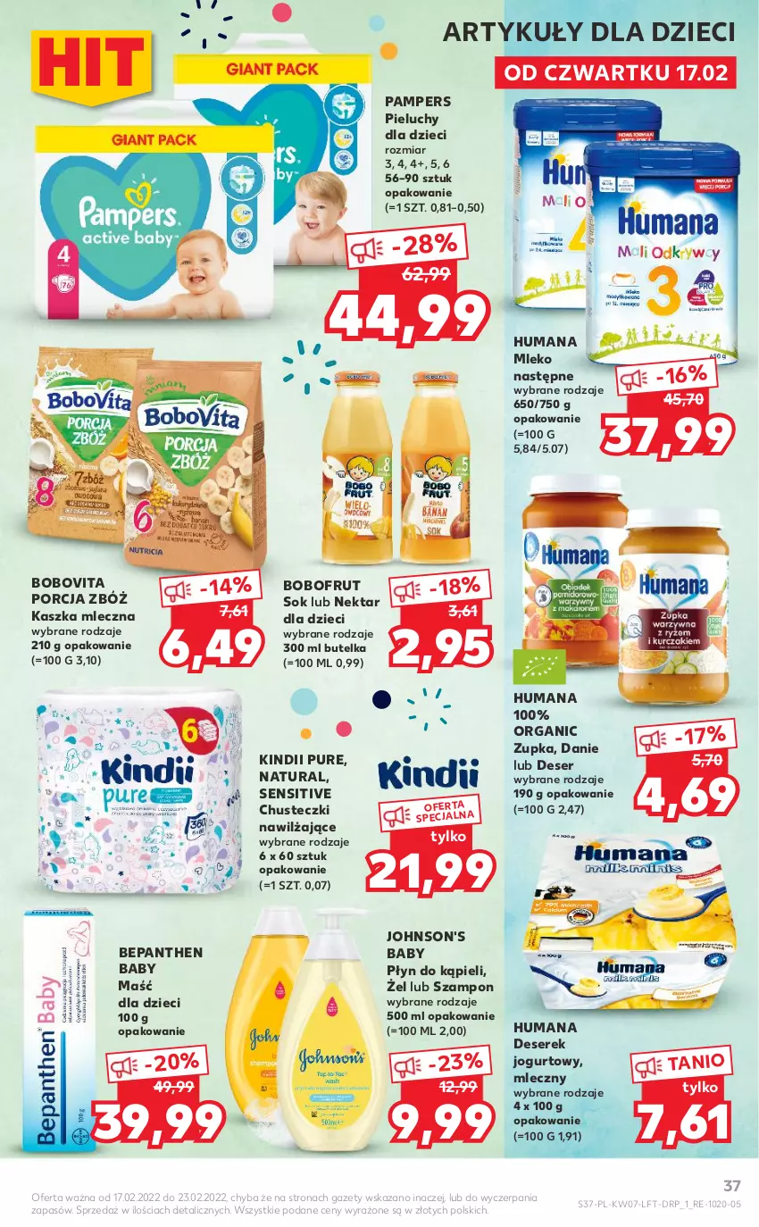 Gazetka promocyjna Kaufland - OFERTA TYGODNIA - ważna 17.02 do 23.02.2022 - strona 37 - produkty: Bepanthen, Bobofrut, BoboVita, Chusteczki, Deser, Dzieci, Humana, Jogurt, Johnson's, Johnson's Baby, Kindii, Mleko, Nektar, O nas, Pampers, Pieluchy, Płyn do kąpieli, Por, Pur, Ser, Serek, Sok, Szampon