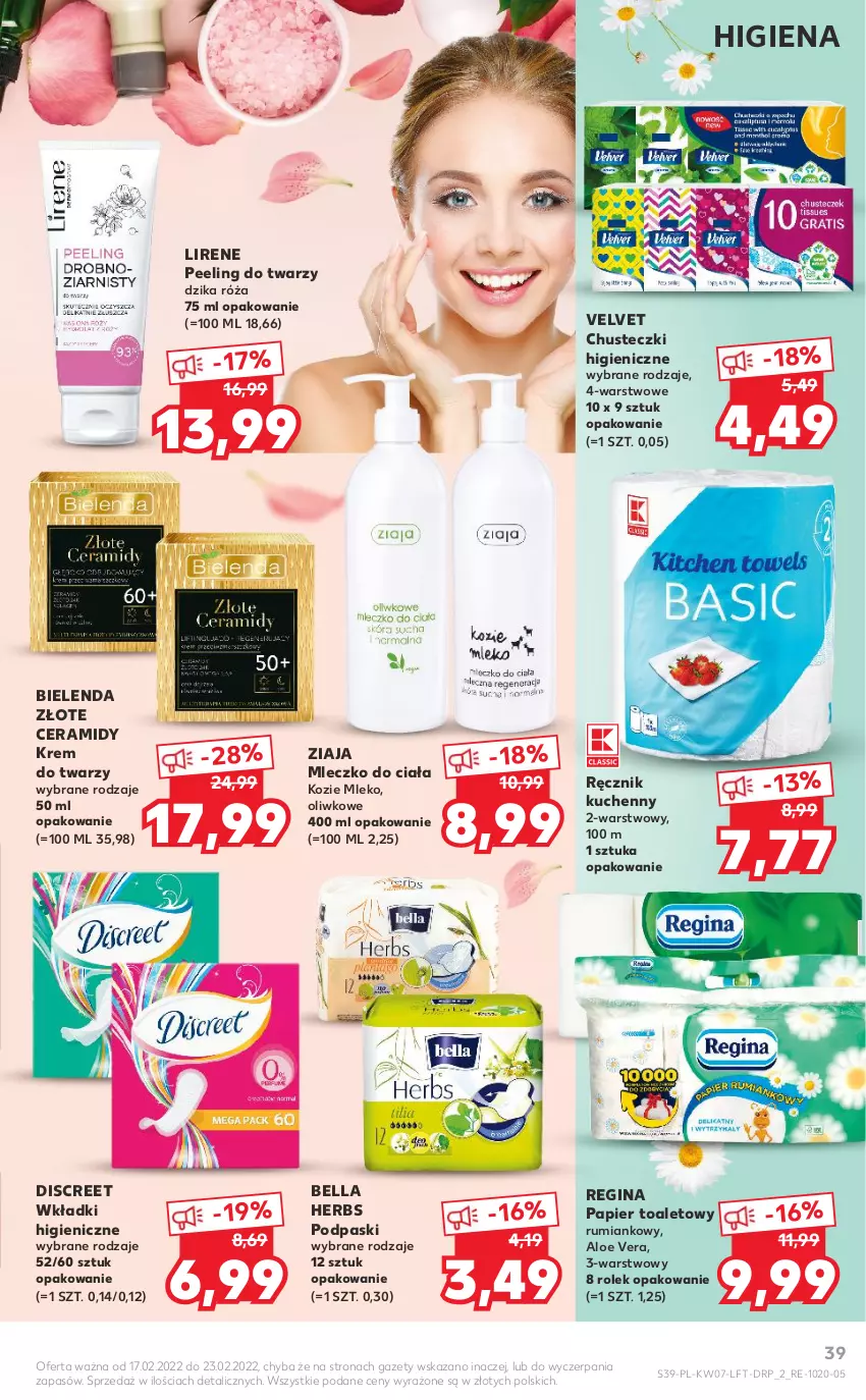 Gazetka promocyjna Kaufland - OFERTA TYGODNIA - ważna 17.02 do 23.02.2022 - strona 39 - produkty: Aloe vera, Bell, Bella, Bielenda, Chusteczki, Discreet, Dzika róża, Gin, Krem do twarzy, Lirene, Mleczko, Mleczko do ciała, Mleko, Papier, Papier toaletowy, Peeling, Podpaski, Ręcznik, Ręcznik kuchenny, Róża, Rum, Velvet, Wkładki, Ziaja