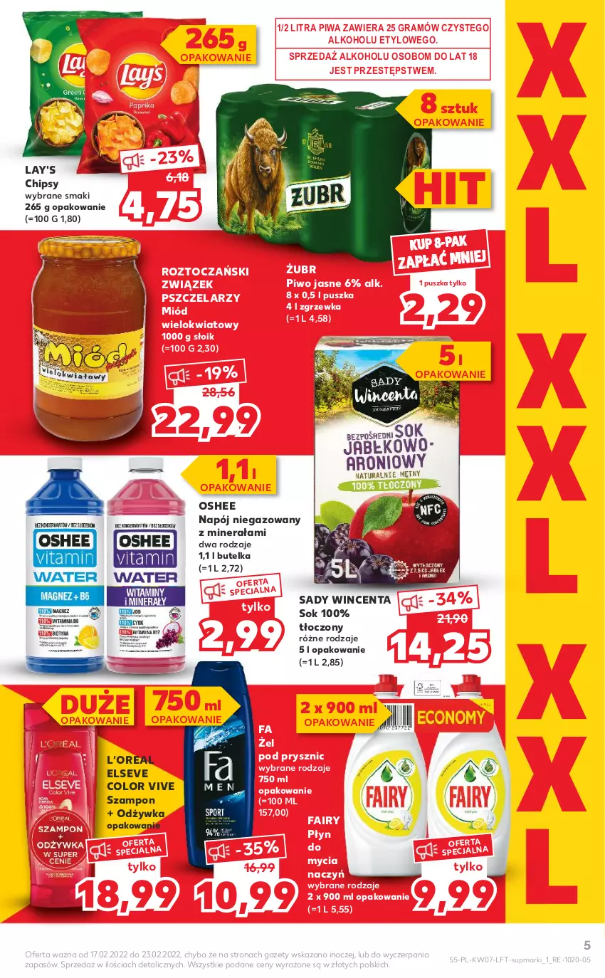 Gazetka promocyjna Kaufland - OFERTA TYGODNIA - ważna 17.02 do 23.02.2022 - strona 5 - produkty: Chipsy, Do mycia naczyń, Elseve, Fa, Fairy, Gra, Miód, Napój, Napój niegazowany, Odżywka, Oshee, Piwa, Piwo, Piwo jasne, Płyn do mycia, Płyn do mycia naczyń, Sok, Szampon