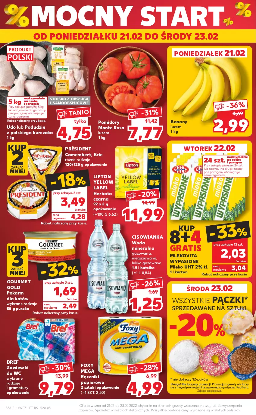 Gazetka promocyjna Kaufland - OFERTA TYGODNIA - ważna 17.02 do 23.02.2022 - strona 56 - produkty: Banany, Bref, Brie, Camembert, Cisowianka, Foxy, Gourmet Gold, Gra, Herbata, Herbata czarna, Kurczak, Lipton, Mleko, Mlekovita, Monte, Papier, Pomidory, Président, Rama, Ręcznik, Ręczniki papierowe, Waga, Woda, Woda mineralna, Zawieszki