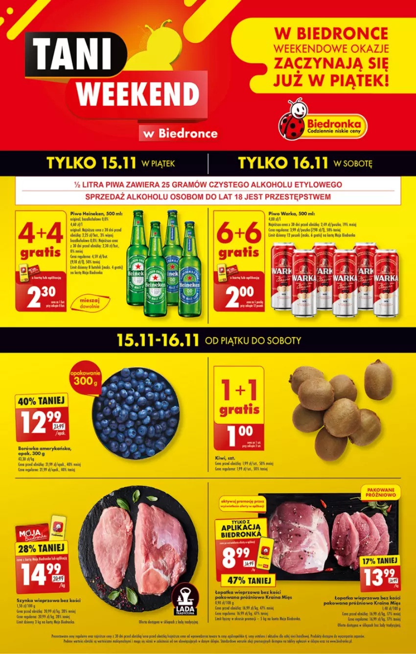 Gazetka promocyjna Biedronka - Od Piatku do Soboty - ważna 15.11 do 16.11.2024 - strona 1 - produkty: Acana, Borówka, Borówka amerykańska, Gin, Gra, Heineken, LG, Piwa, Por, Rogal, Ser, Sos, Szynka, Szynka wieprzowa, Warka