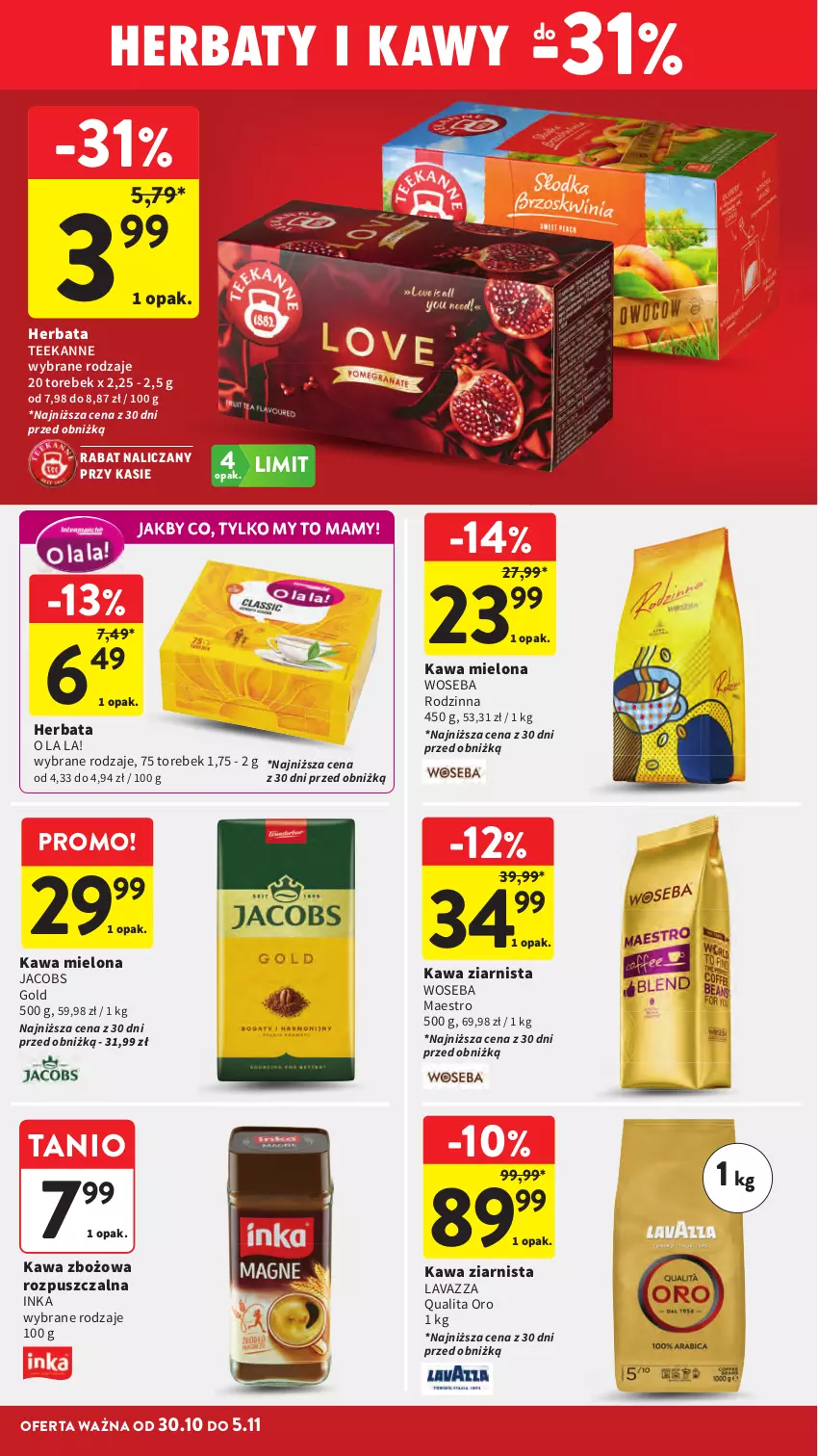 Gazetka promocyjna Intermarche - Gazetka promocyjna - ważna 30.10 do 05.11.2025 - strona 32 - produkty: Herbata, Inka, Jacobs, Kawa, Kawa mielona, Kawa zbożowa, Kawa ziarnista, Lavazza, Teekanne, Woseba