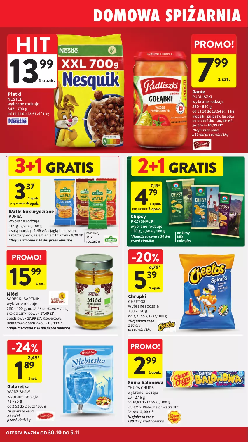 Gazetka promocyjna Intermarche - Gazetka promocyjna - ważna 30.10 do 05.11.2025 - strona 34 - produkty: Cheetos, Chipsy, Chrupki, Chupa Chups, Fa, Gala, Galaretka, Gra, Klopsiki, Kupiec, Melon, Miód, Nektar, Nestlé, Piec, Pieprz, Przysnacki, Pudliszki, Pulpety, Wafle