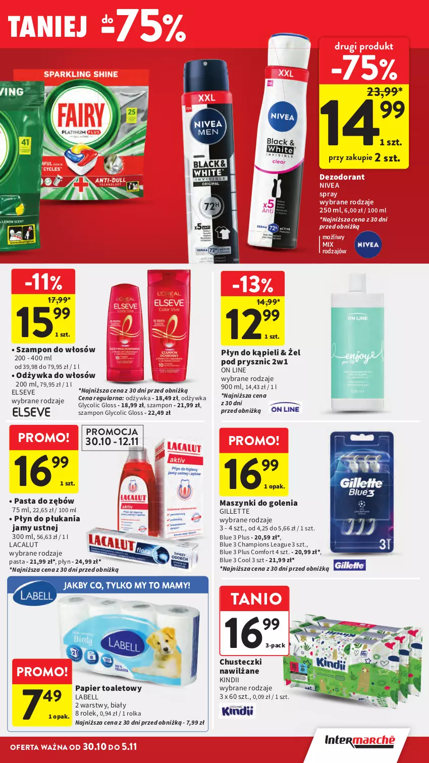 Gazetka promocyjna Intermarche - Gazetka promocyjna - ważna 30.10 do 05.11.2025 - strona 41 - produkty: Bell, Chusteczki, Dezodorant, Elseve, Gillette, Kindii, Lacalut, Nivea, Odżywka, Papier, Papier toaletowy, Pasta do zębów, Płyn do kąpieli, Płyn do płukania, Płyn do płukania jamy ustnej, Szampon