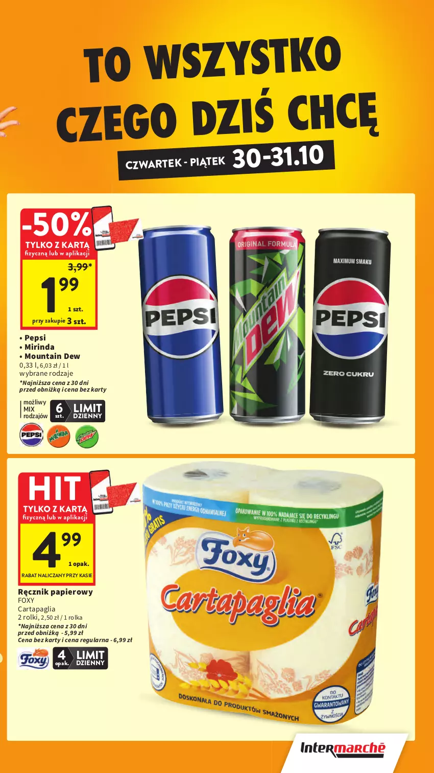 Gazetka promocyjna Intermarche - Gazetka promocyjna - ważna 30.10 do 05.11.2025 - strona 5 - produkty: Foxy, Mirinda, Papier, Pepsi, Ręcznik, Rolki