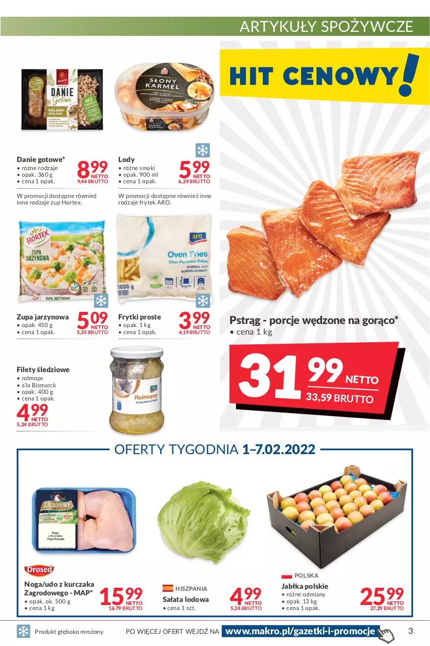 Gazetka promocyjna Makro - [Oferta promocyjna] Artykuły spożywcze i przemysłowe - ważna 25.01 do 07.02.2022 - strona 3 - produkty: Artykuły spożywcze, Danie gotowe, Frytki, Hortex, Jabłka, Kurczak, Lody, Mop, Por, Pstrąg, Sałat, Sałata lodowa, Udo z kurczaka, Zupa