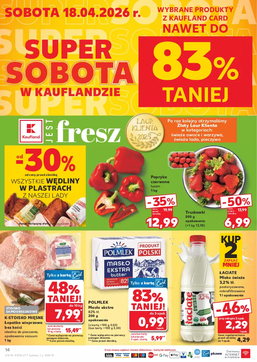 Gazetka promocyjna Kaufland - Gazetka tygodnia - ważna 16.04 do 22.04.2026 - strona 14 - produkty: Laur, Masło, Mleko, Olej, Owoce, Papryka, Papryka czerwona, Piec, Pieczywo, POLMLEK, Truskawki, Waga, Warzywa