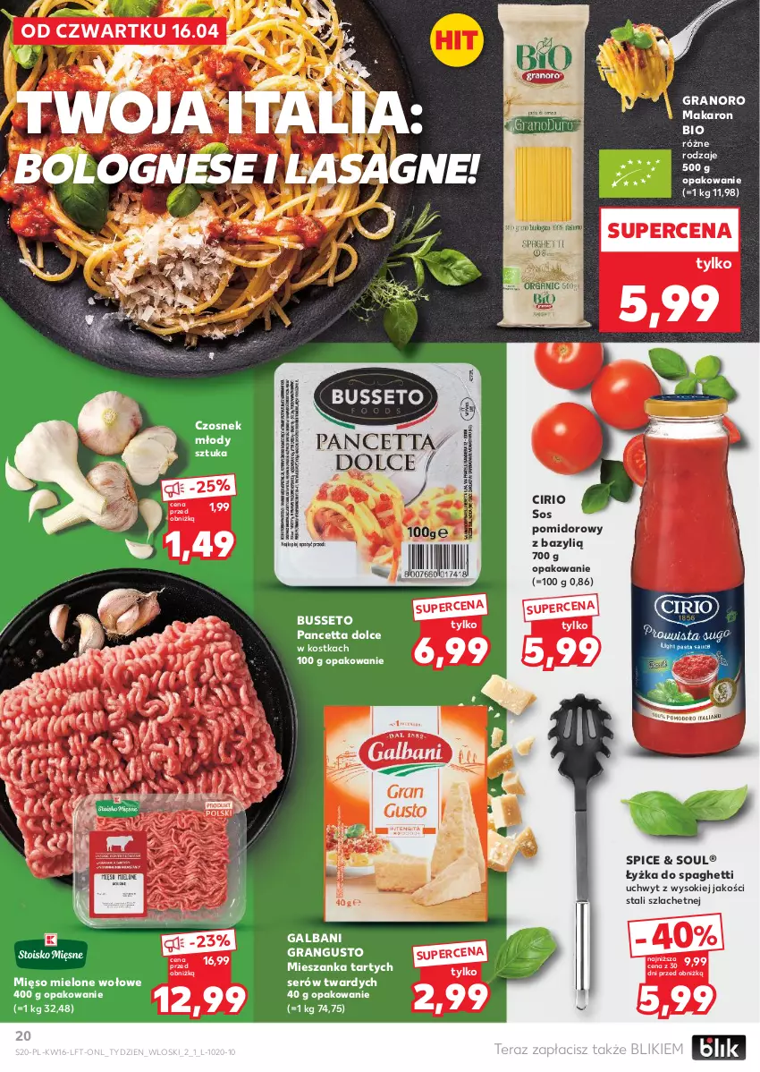 Gazetka promocyjna Kaufland - Gazetka tygodnia - ważna 16.04 do 22.04.2026 - strona 20 - produkty: Bazyl, Czosnek, Galbani, Gra, Lasagne, Makaron, Mięso, Mięso mielone, Ser, Sok, Sos, Sos pomidorowy, Spaghetti, Tera