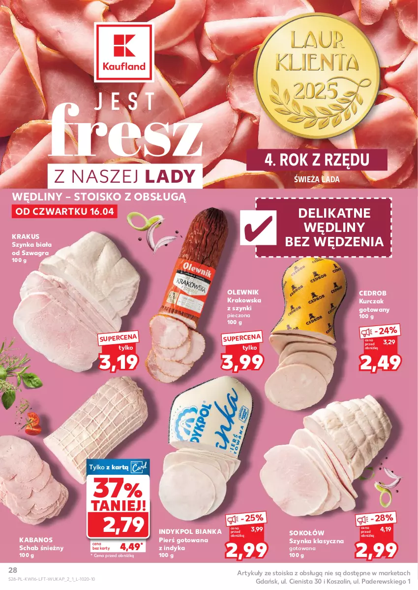Gazetka promocyjna Kaufland - Gazetka tygodnia - ważna 16.04 do 22.04.2026 - strona 28 - produkty: Bianka, Gra, Kabanos, Kosz, Krakus, Kurczak, Kurczak gotowany, Olewnik, Piec, Sok, Sokołów, Szal, Szynka, Szynka biała