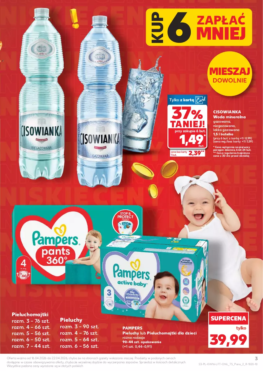 Gazetka promocyjna Kaufland - Gazetka tygodnia - ważna 16.04 do 22.04.2026 - strona 3 - produkty: Cisowianka, Dzieci, Majtki, Pampers, Pieluchomajtki, Pieluchy, Woda, Woda mineralna