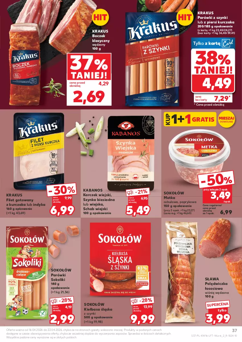 Gazetka promocyjna Kaufland - Gazetka tygodnia - ważna 16.04 do 22.04.2026 - strona 37 - produkty: Boczek, Gra, Kabanos, Kiełbasa, Kiełbasa śląska, Krakus, Kurczak, Parówki, Parówki sokoliki, Parówki z szynki, Sok, Sokołów, Sos, Szynka