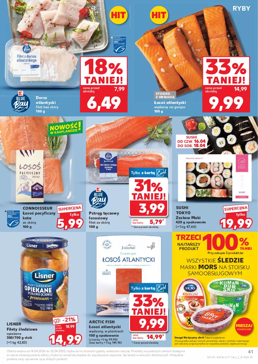 Gazetka promocyjna Kaufland - Gazetka tygodnia - ważna 16.04 do 22.04.2026 - strona 41 - produkty: Dorsz, Lisner, Por, Pstrąg, Pstrąg tęczowy, Sos, Sushi, Waga