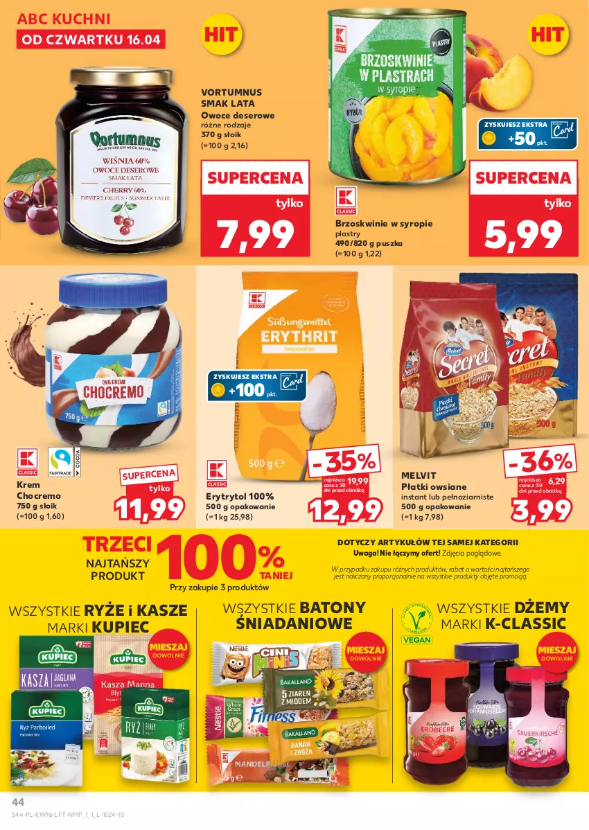 Gazetka promocyjna Kaufland - Gazetka tygodnia - ważna 16.04 do 22.04.2026 - strona 44 - produkty: Baton, Brzoskwinie, Danio, Deser, Dżem, Kupiec, Melvit, Owoce, Piec, Płatki owsiane, Por, Ryż, Ser, Syrop, Waga