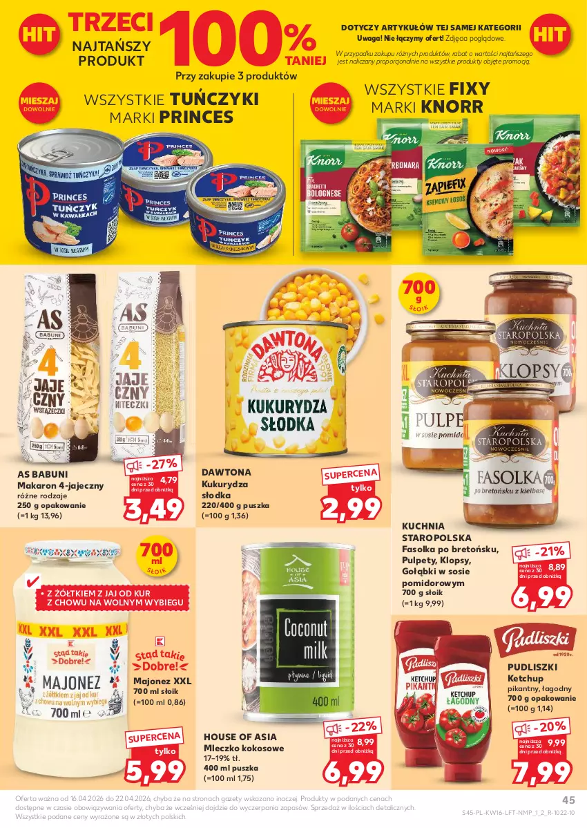 Gazetka promocyjna Kaufland - Gazetka tygodnia - ważna 16.04 do 22.04.2026 - strona 45 - produkty: Babuni, Dawtona, Fa, House of Asia, Ketchup, Knorr, Kokos, Kuchnia, Kuchnia Staropolska, Kukurydza, Majonez, Makaron, Mleczko, Por, Pudliszki, Pulpety, Sos, Tuńczyk, Waga