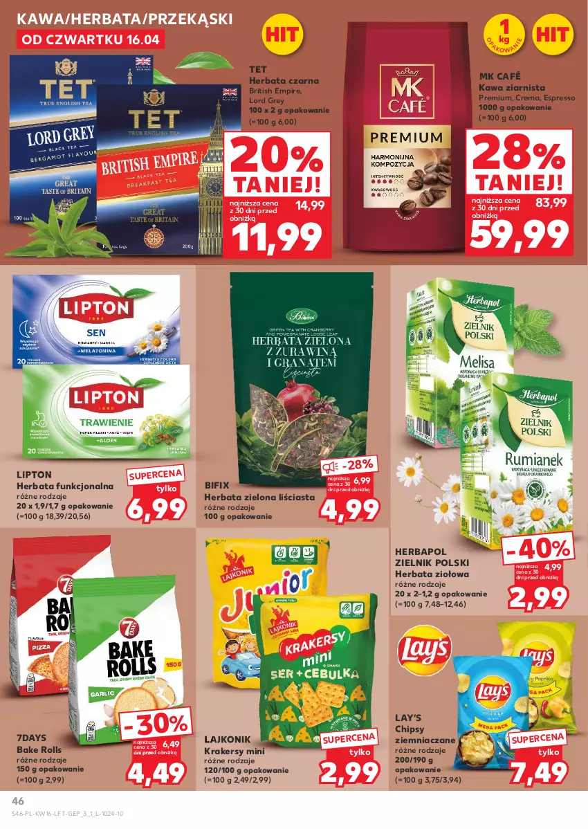 Gazetka promocyjna Kaufland - Gazetka tygodnia - ważna 16.04 do 22.04.2026 - strona 46 - produkty: Bake Rolls, Brit, Chipsy, Herbapol, Herbata, Herbata czarna, Kawa, Kawa ziarnista, Krakersy, Lajkonik, Lay’s, Lipton