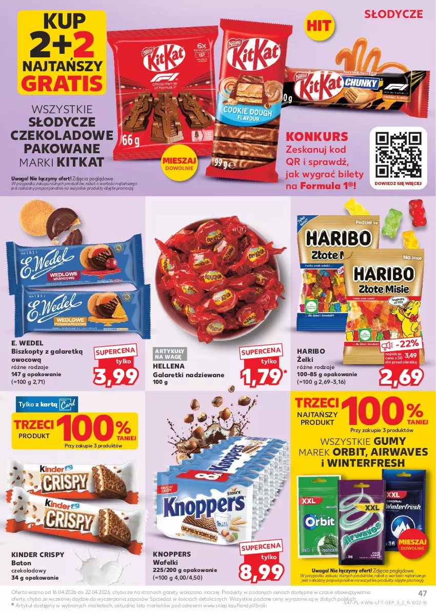 Gazetka promocyjna Kaufland - Gazetka tygodnia - ważna 16.04 do 22.04.2026 - strona 47 - produkty: Baton, Biszkopty, Dres, E. Wedel, Gala, Galaretki, Gra, Haribo, Hellena, Kinder, Knoppers, Orbit, Por, Waga