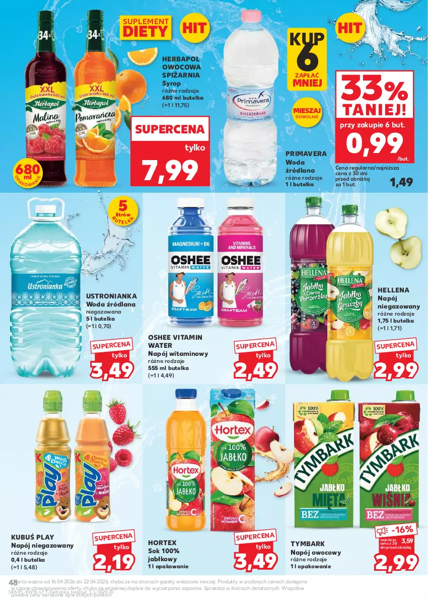 Gazetka promocyjna Kaufland - Gazetka tygodnia - ważna 16.04 do 22.04.2026 - strona 48 - produkty: Hellena, Herbapol, Hortex, Kubuś, LANA, Napój, Napój niegazowany, Oshee, Prima, Primavera, Sok, Suplement diety, Syrop, Tran, Tymbark, Woda