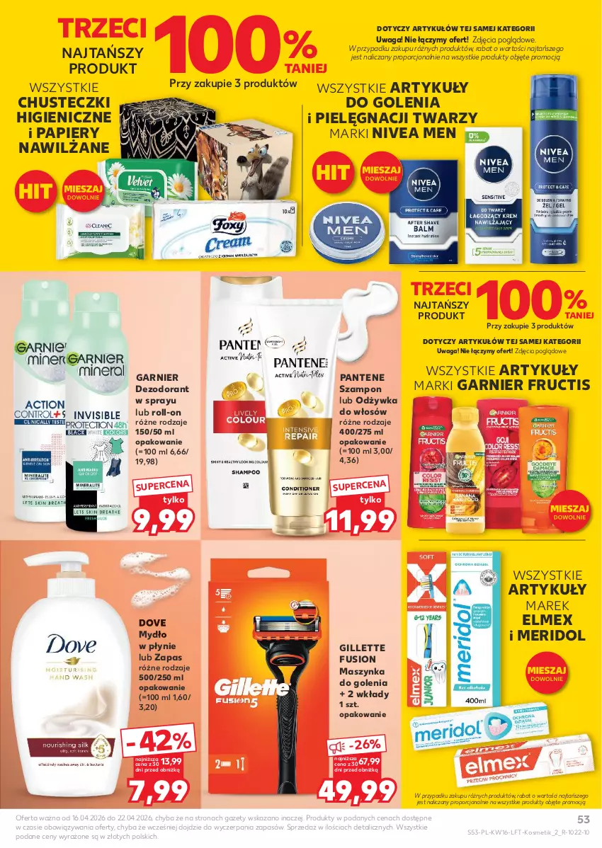 Gazetka promocyjna Kaufland - Gazetka tygodnia - ważna 16.04 do 22.04.2026 - strona 53 - produkty: Chusteczki, Dezodorant, Dove, Elmex, Fructis, Fusion, Garnier, Gillette, Maszynka, Maszynka do golenia, Mydło, Mydło w płynie, Nivea, Nivea Men, Odżywka, Pantene, Papier, Por, Szampon, Szynka, Waga