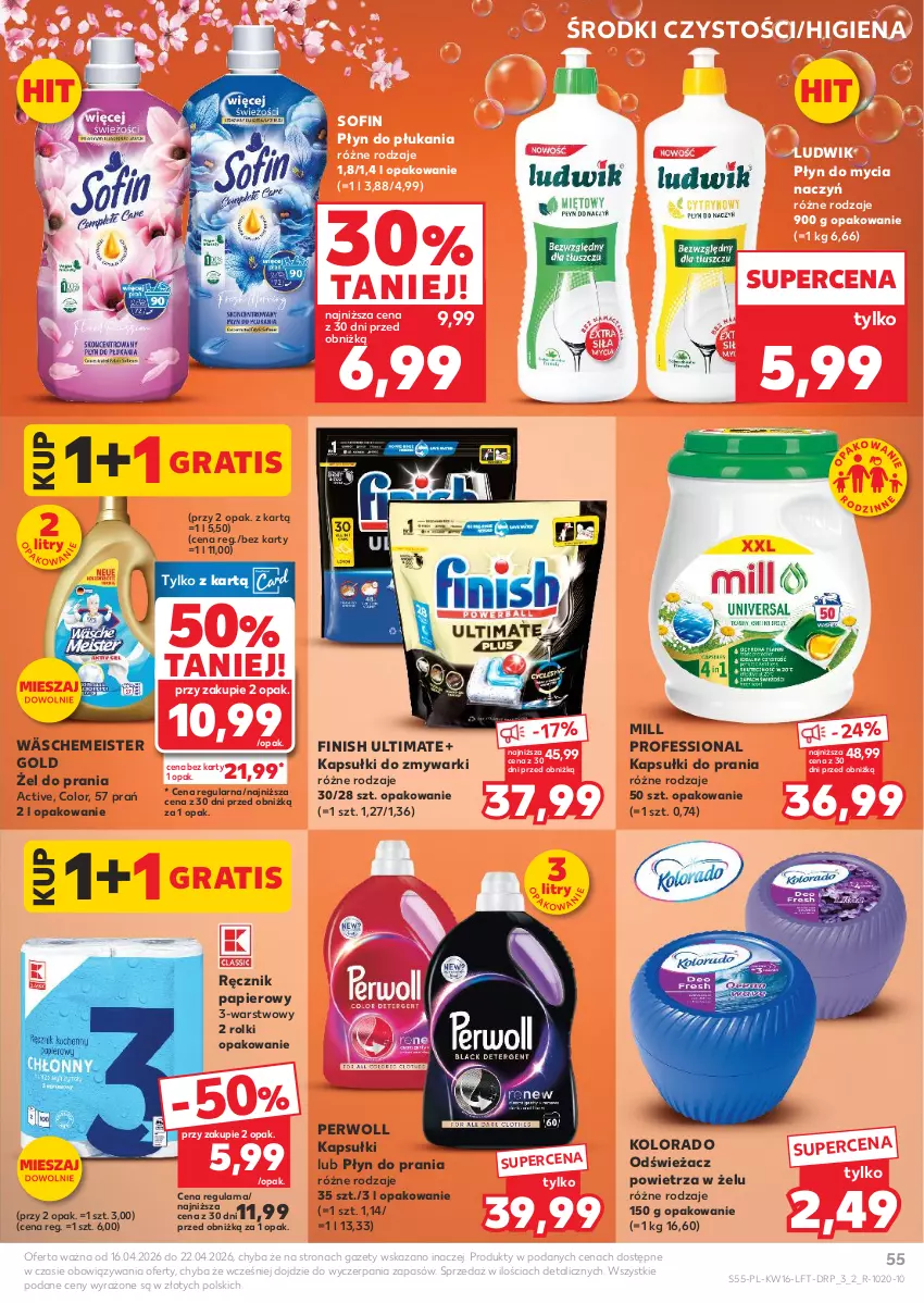 Gazetka promocyjna Kaufland - Gazetka tygodnia - ważna 16.04 do 22.04.2026 - strona 55 - produkty: Do mycia naczyń, Finish, Gra, Kapsułki do prania, Kolorado, Ludwik, Odświeżacz powietrza, Papier, Perwoll, Płyn do mycia, Płyn do mycia naczyń, Płyn do płukania, Płyn do prania, Ręcznik, Rolki, Zmywarki