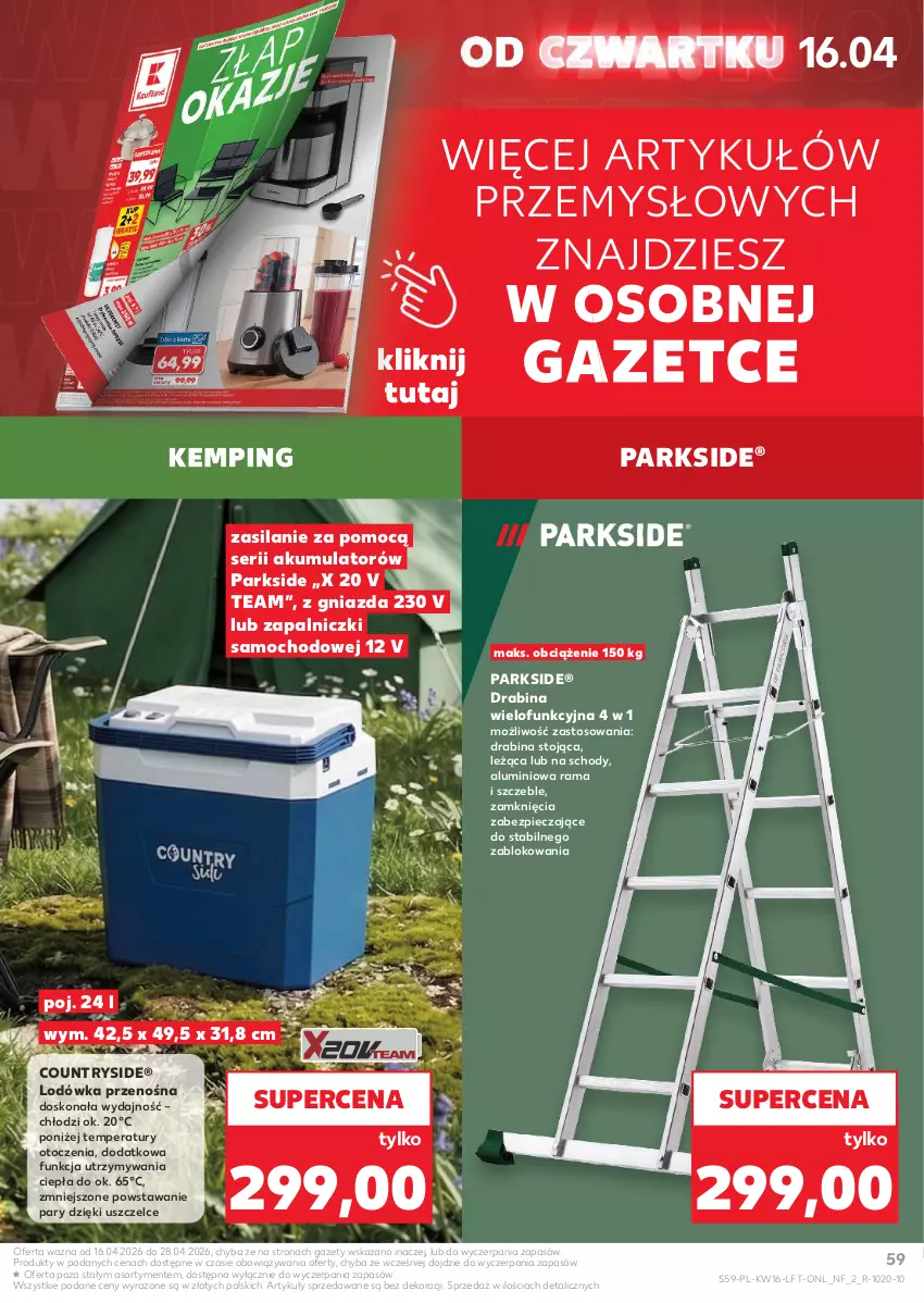 Gazetka promocyjna Kaufland - Gazetka tygodnia - ważna 16.04 do 22.04.2026 - strona 59 - produkty: Akumulator, Drabina, Lodówka, Parkside, Piec, Rama, Ser, Silan