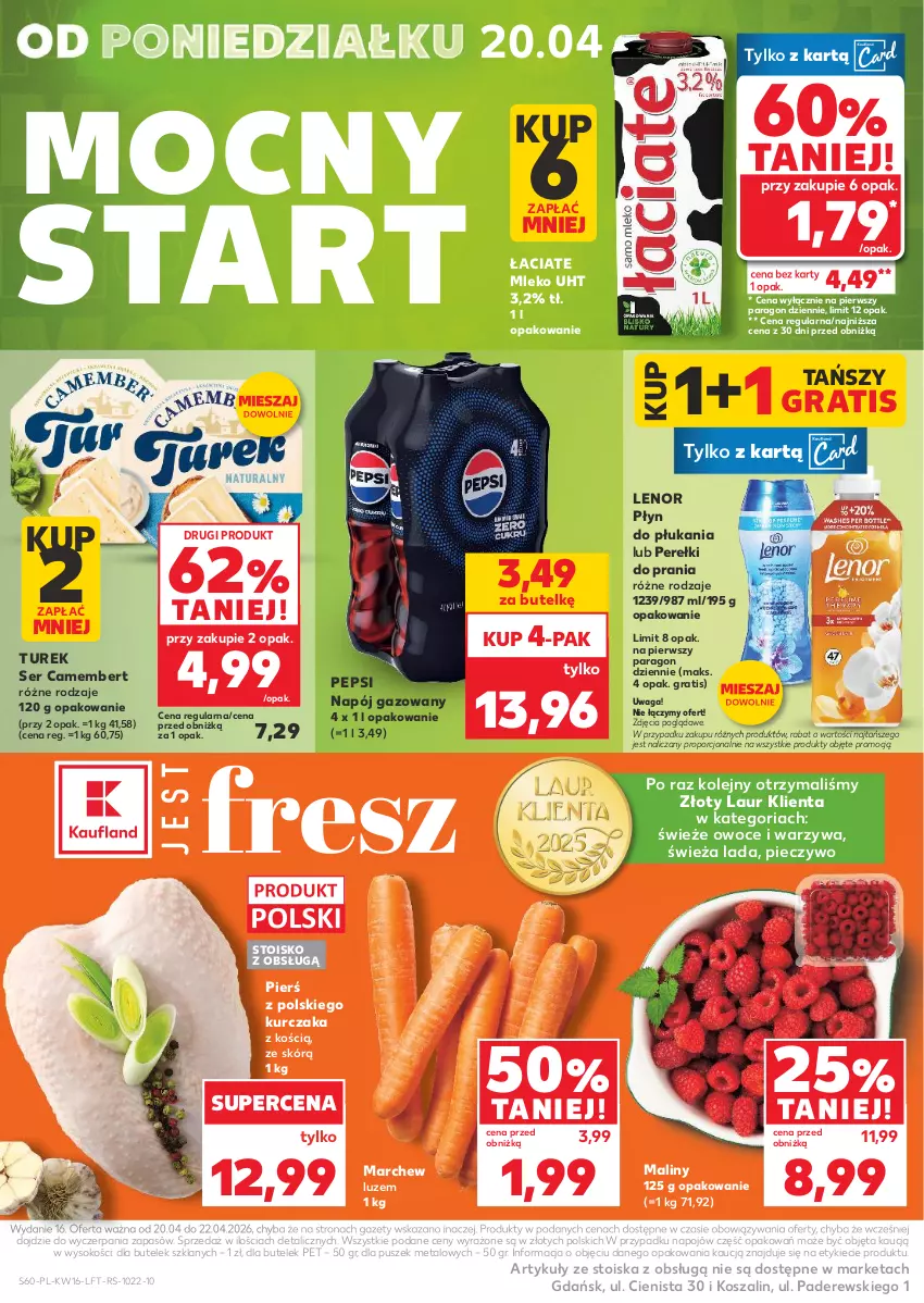 Gazetka promocyjna Kaufland - Gazetka tygodnia - ważna 16.04 do 22.04.2026 - strona 60 - produkty: Camembert, Gra, Kosz, Kurczak, Laur, Lenor, Maliny, Mleko, Napój, Napój gazowany, Olej, Owoce, Pepsi, Piec, Pieczywo, Płyn do płukania, Por, Ser, Sok, Szal, Waga, Warzywa