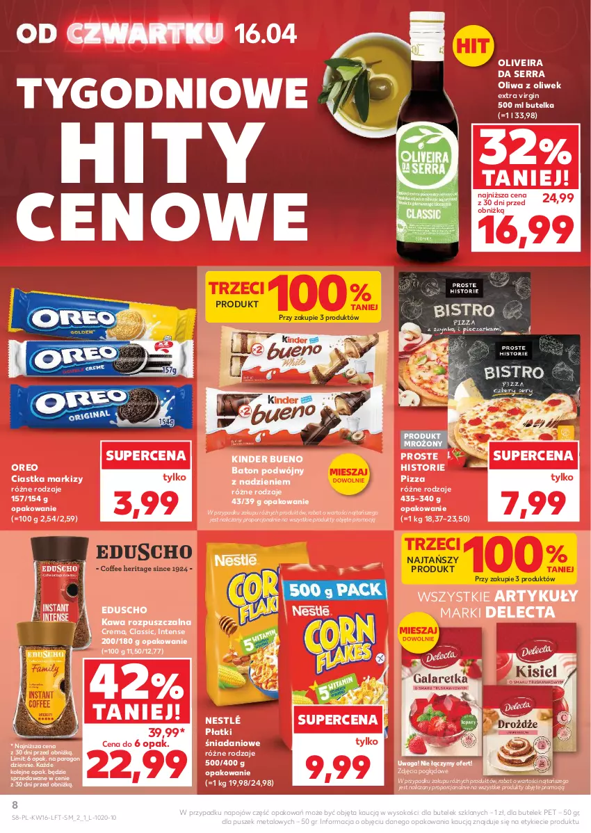 Gazetka promocyjna Kaufland - Gazetka tygodnia - ważna 16.04 do 22.04.2026 - strona 8 - produkty: Baton, Ciastka, Danio, Delecta, Gin, Kawa, Kawa rozpuszczalna, Kinder, Kinder Bueno, Nestlé, Olej, Oliwa, Oliwa z oliwek, Oreo, Pizza, Por, Ser, Sok, Waga