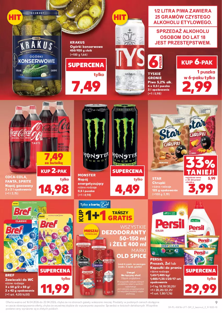 Gazetka promocyjna Kaufland - Gazetka tygodnia - ważna 16.04 do 22.04.2026 - strona 9 - produkty: Bref, Chrupki, Coca-Cola, Dezodorant, Fa, Fanta, Gra, Kapsułki do prania, Krakus, Napój, Napój gazowany, Ogórki konserwowe, Old Spice, Persil, Piwa, Piwo, Por, Ser, Sprite, Tyskie, Waga, Zawieszki