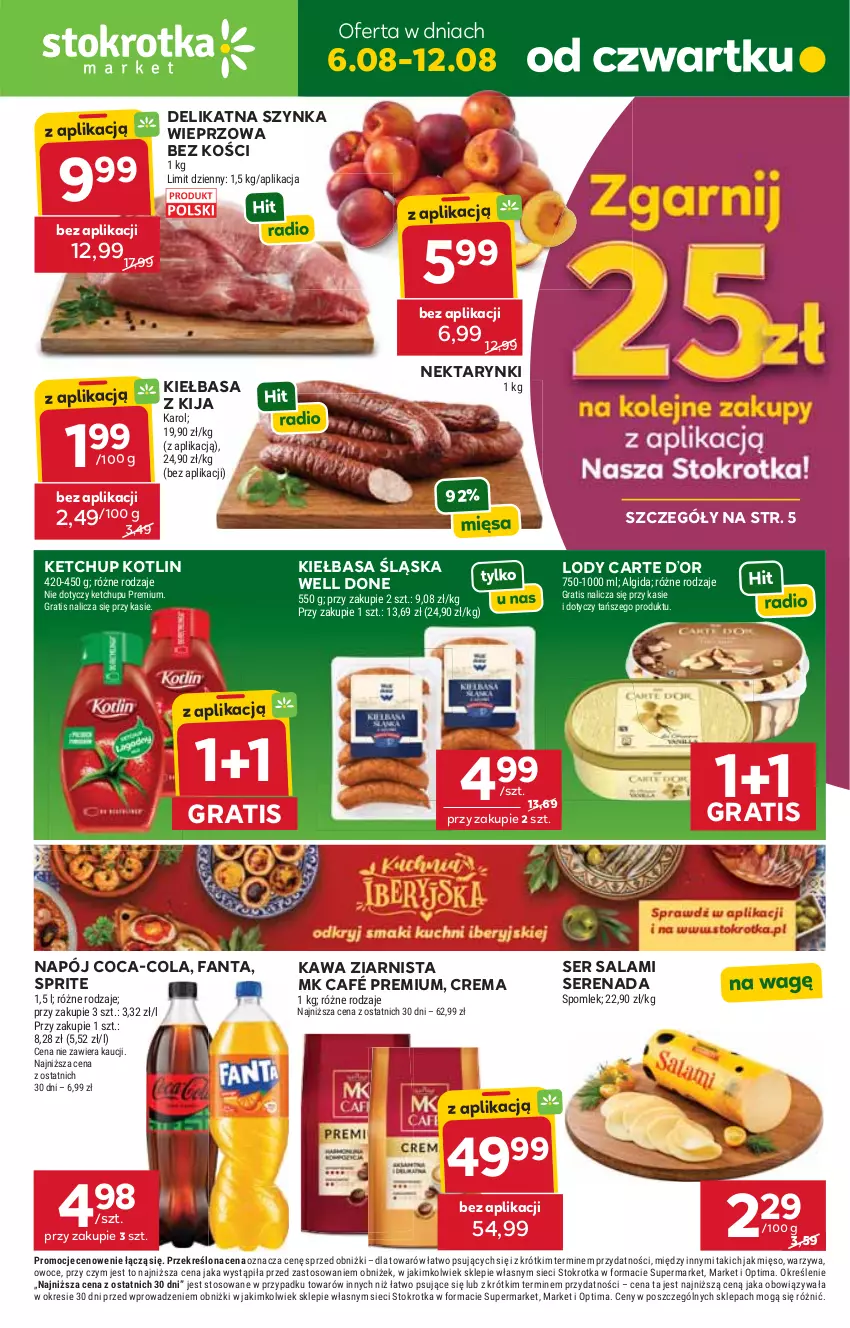Gazetka promocyjna Stokrotka - Market - ważna 06.08 do 12.08.2026 - strona 1 - produkty: Coca-Cola, Fa, Fanta, Gra, Kawa, Kawa ziarnista, Ketchup, Kiełbasa, Kiełbasa śląska, Kotlin, Lody, Mięso, Napój, Nektar, Optima, Owoce, Salami, Ser, Ser salami, Sprite, Szynka, Szynka wieprzowa, Warzywa
