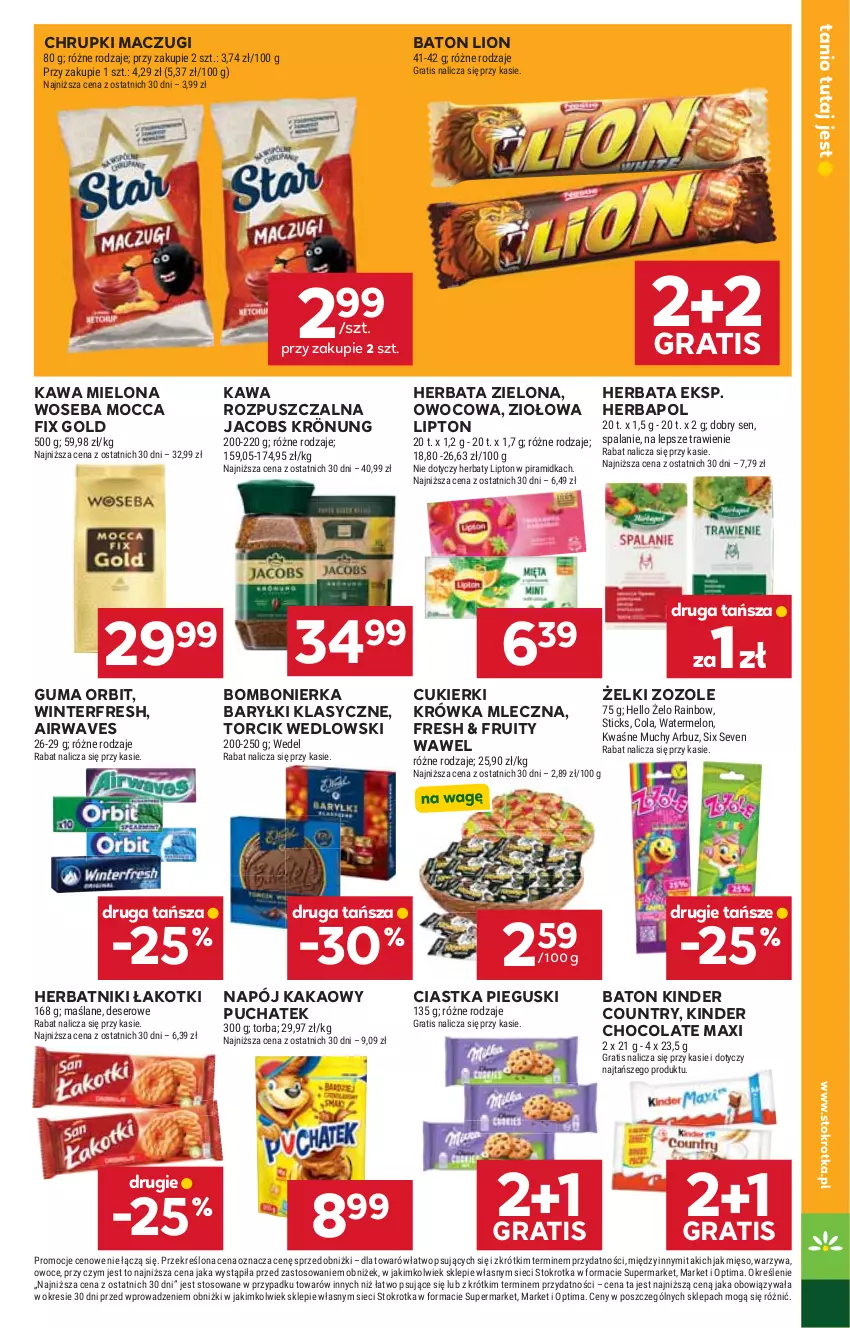 Gazetka promocyjna Stokrotka - Market - ważna 06.08 do 12.08.2026 - strona 15 - produkty: Baryłki, Baton, Chrupki, Ciastka, Cukier, Cukierki, Gra, Herbapol, Herbata, Herbatniki, HP, Jacobs, Jacobs Krönung, Kakao, Kawa, Kawa mielona, Kawa rozpuszczalna, Kinder, Lion, Lipton, Mocca Fix Gold, Napój, Orbit, Wawel, Woseba
