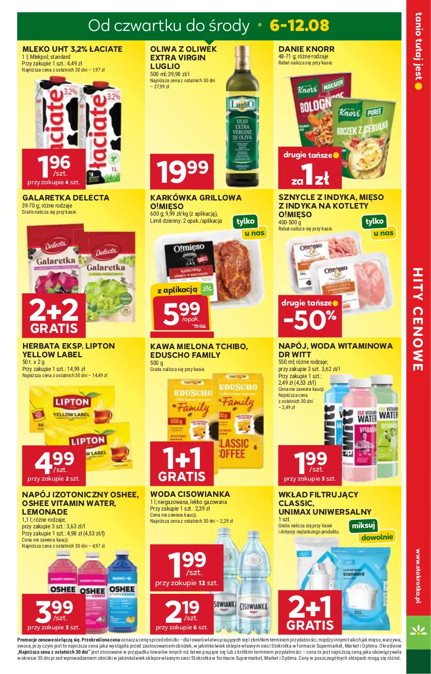 Gazetka promocyjna Stokrotka - Market - ważna 06.08 do 12.08.2026 - strona 3 - produkty: Cisowianka, Delecta, Fa, Gala, Galaretka, Gin, Gra, Grill, Herbata, Kawa, Kawa mielona, Knorr, Kotlet, Lipton, Mięso, Mięso z indyka, Mleko, Napój, Napój izotoniczny, Oliwa, Oliwa z oliwek, Optima, Oshee, Owoce, Tchibo, Warzywa, Wkład filtrujący, Woda