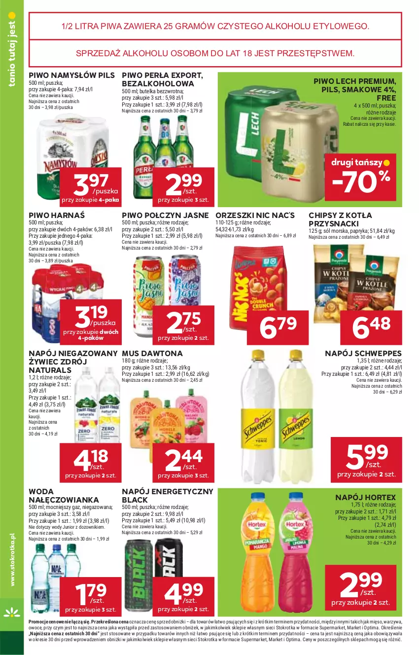 Gazetka promocyjna Stokrotka - Market - ważna 06.08 do 12.08.2026 - strona 30 - produkty: Chipsy, Dawtona, Gra, Harnaś, Hortex, Lack, Lech Premium, Mięso, Mus, Nałęczowianka, Namysłów, Napój, Napój energetyczny, Napój niegazowany, Optima, Orzeszki, Owoce, Perła, Piwa, Piwo, Por, Przysnacki, Schweppes, Warzywa, Woda