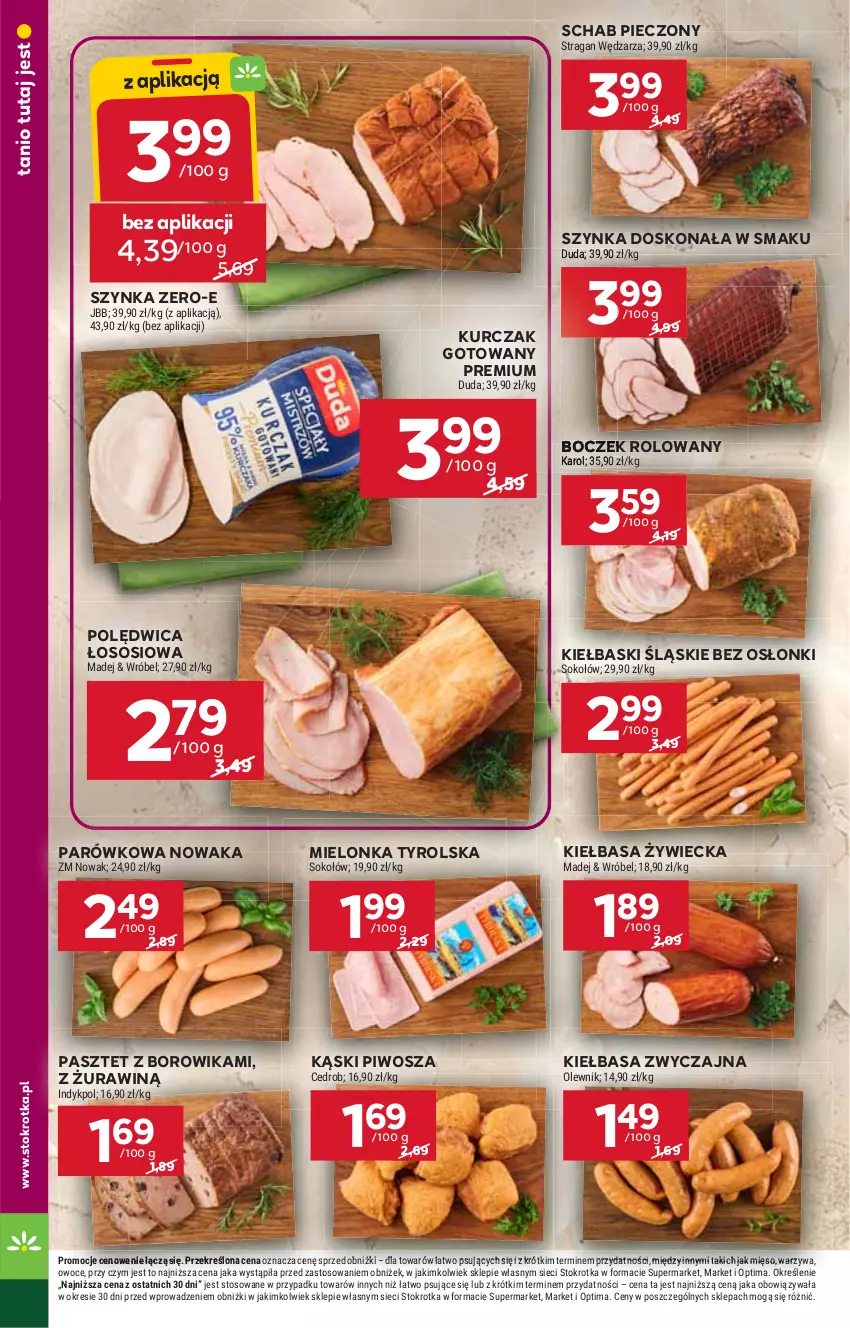 Gazetka promocyjna Stokrotka - Market - ważna 06.08 do 12.08.2026 - strona 6 - produkty: Boczek, Kiełbasa, Kiełbaski śląskie, Kurczak, Kurczak gotowany, Mielonka tyrolska, Mięso, NOWAK, Optima, Owoce, Pasztet, Piec, Piwo, Polędwica, Schab pieczony, Sos, Szynka, Warzywa