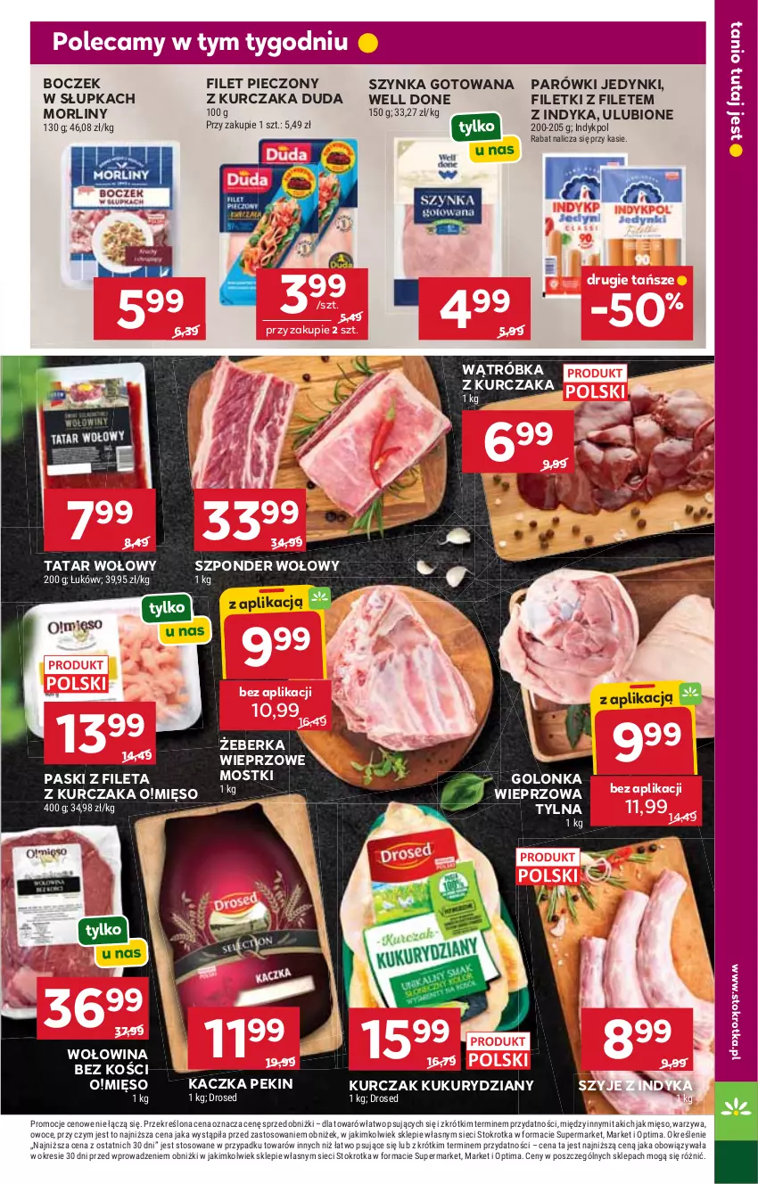 Gazetka promocyjna Stokrotka - Market - ważna 06.08 do 12.08.2026 - strona 7 - produkty: Boczek, Duda, Golonka wieprzowa, HP, Kaczka, Kurczak, Mięso, Morliny, Parówki, Piec, Szponder wołowy, Szynka, Tatar wołowy, Wołowina, Wołowina bez kości