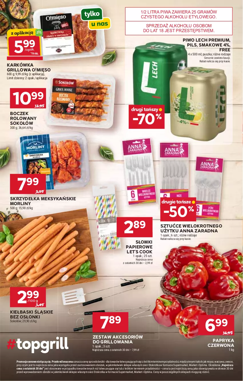 Gazetka promocyjna Stokrotka - Market - ważna 06.08 do 12.08.2026 - strona 8 - produkty: Boczek, Gra, Grill, Kiełbaski śląskie, Lech Premium, Mięso, Morliny, Optima, Owoce, Papier, Papryka, Papryka czerwona, Piwa, Piwo, Sok, Sokołów, Sos, Warzywa