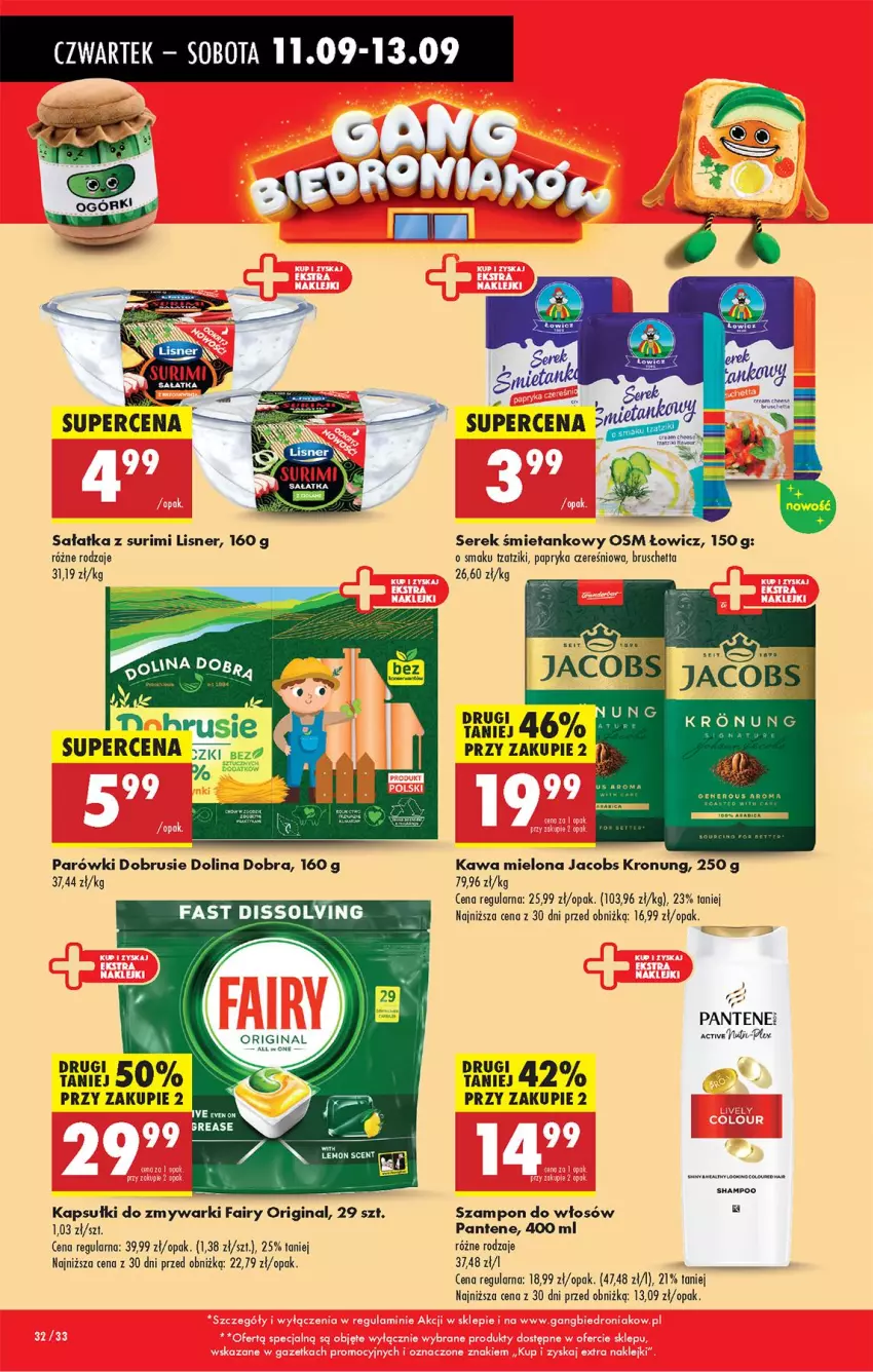 Gazetka promocyjna Biedronka - Od Czwartku - ważna 11.09 do 17.09.2025 - strona 32 - produkty: Fa, Fairy, Gin, Jacobs, Kawa, Kawa mielona, Lisner, Obrus, Pantene, Papryka, Parówki, Sałat, Sałatka, Ser, Serek, Surimi, Szampon, Zmywarki