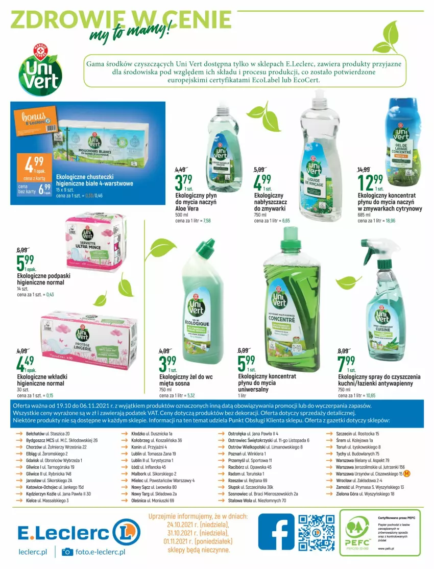 Gazetka promocyjna E Leclerc - Zdrowa żywność - ważna 19.10 do 06.11.2021 - strona 16 - produkty: Aloe vera, Do mycia naczyń, Koncentrat do mycia naczyń, Kosz, Mięta, Olej, Papier, Podpaski, Por, Sos, Sport, Spray do czyszczenia, Stock, Szal, Top, Warka, Wkładki, Zmywarka, Zmywarki