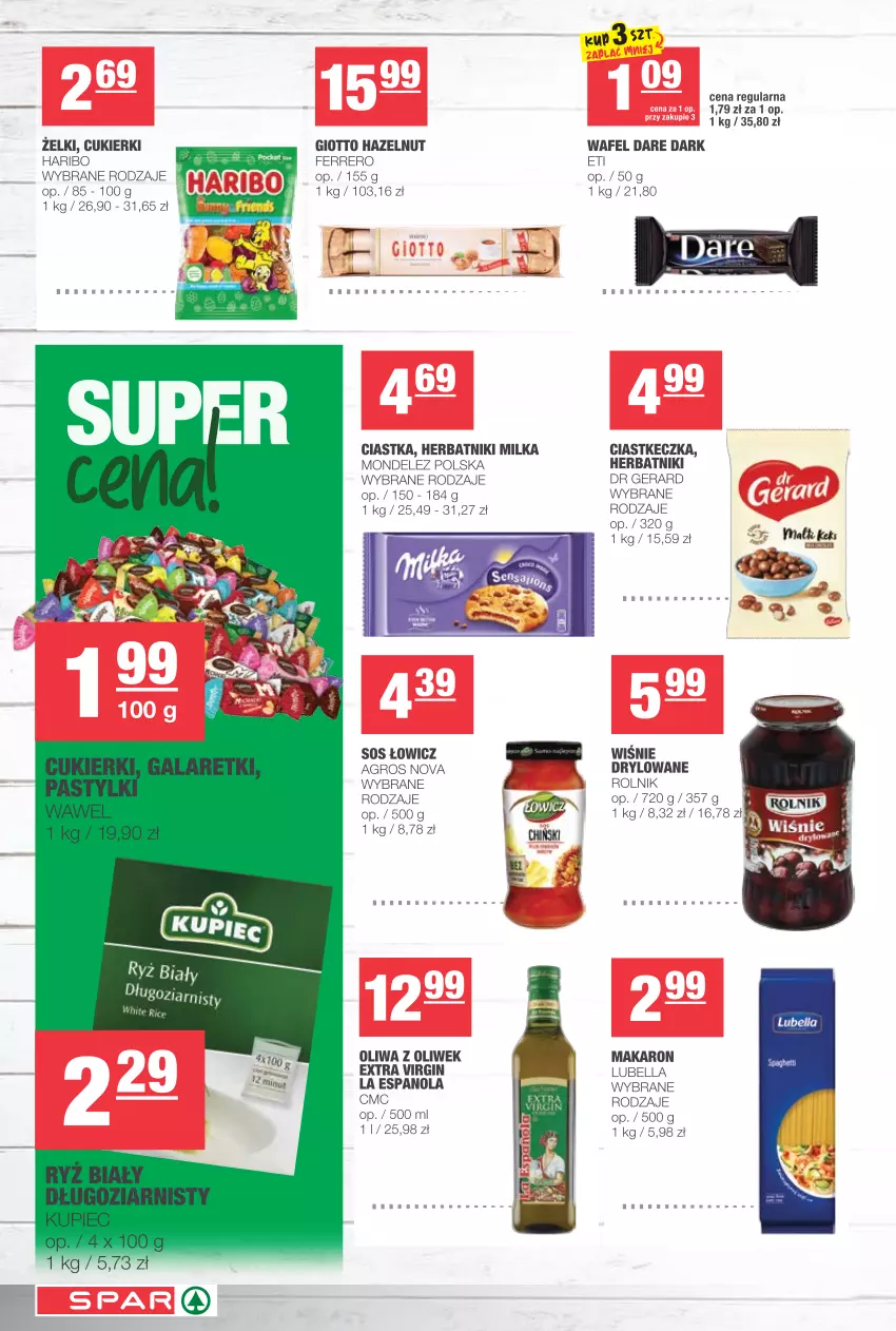 Gazetka promocyjna Spar - Spar - ważna 10.03 do 16.03.2021 - strona 6 - produkty: Bell, Bella, Ciastka, Cukier, Cukierki, Dr Gerard, Ferrero, Gala, Galaretki, Gin, Haribo, Herbatniki, Kupiec, Lubella, Makaron, Milka, Oliwa z oliwek, Pastylki, Piec, Rolnik, Sos, Wawel