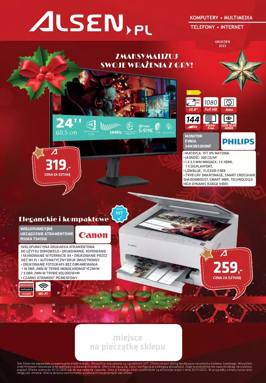 Gazetka promocyjna Alsen - Gazetka Alsen - ważna 01.12 do 31.12.2025 - strona 1 - produkty: Drukarka, Gra, Gry, Komputer, Komputery, Monitor, Piec, Por, Telefon