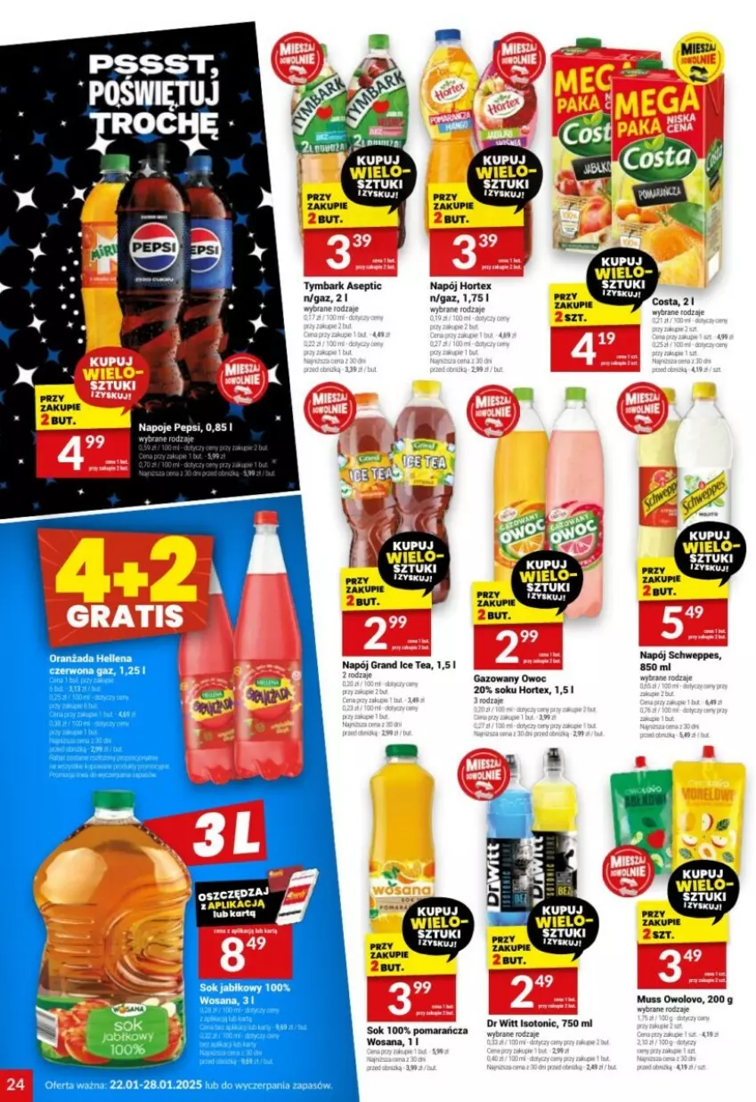 Gazetka promocyjna Twoj Market - ważna 22.01 do 28.01.2025 - strona 17 - produkty: Gra, Hortex, Ice tea, Mango, Mus, Napój, Napoje, Pepsi, Schweppes, Sok, Sok jabłkowy, Tymbark, Wosana