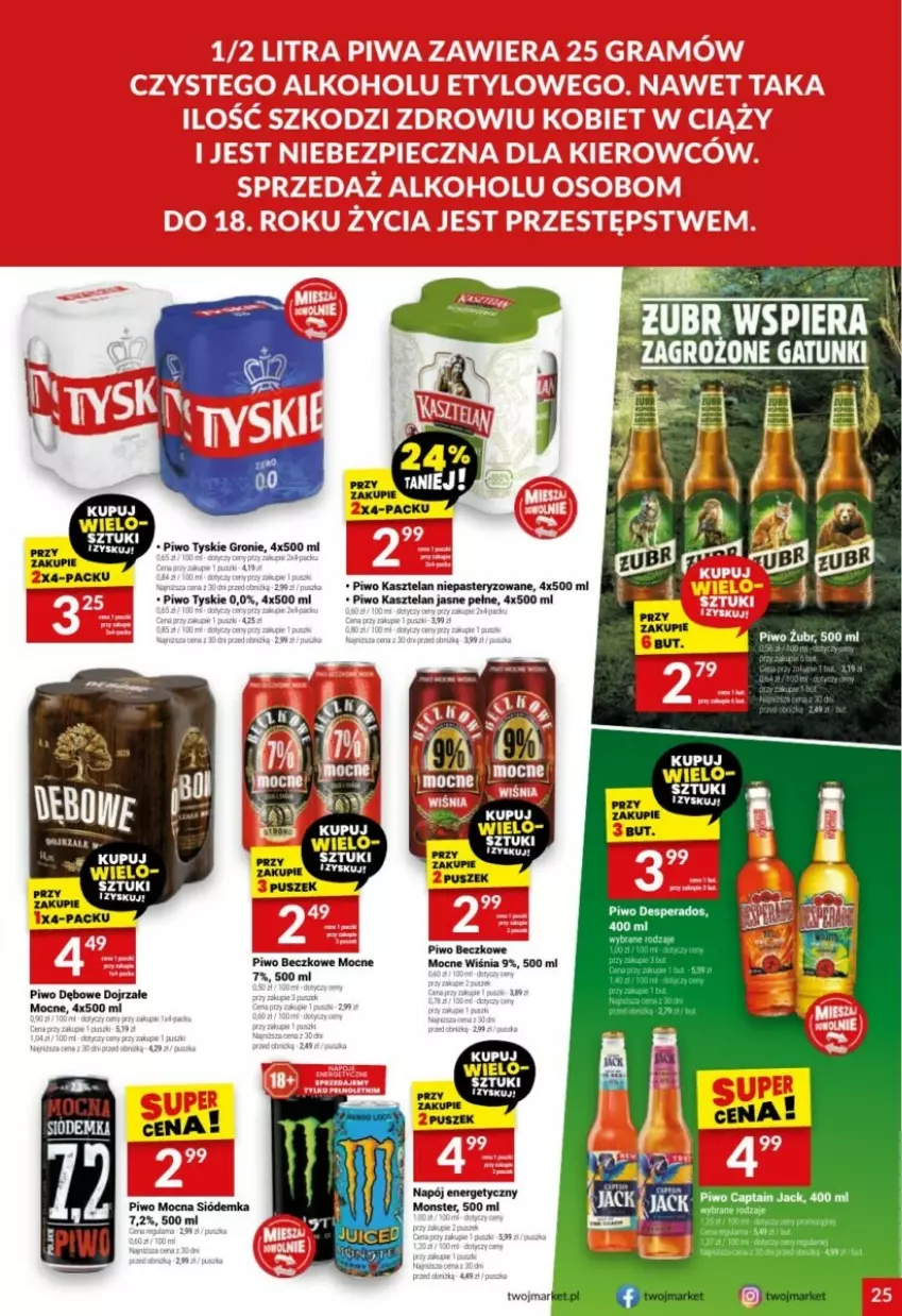 Gazetka promocyjna Twoj Market - ważna 22.01 do 28.01.2025 - strona 18 - produkty: Desperados, Kasztelan, Napój, Napój energetyczny, Piwo, Tyskie