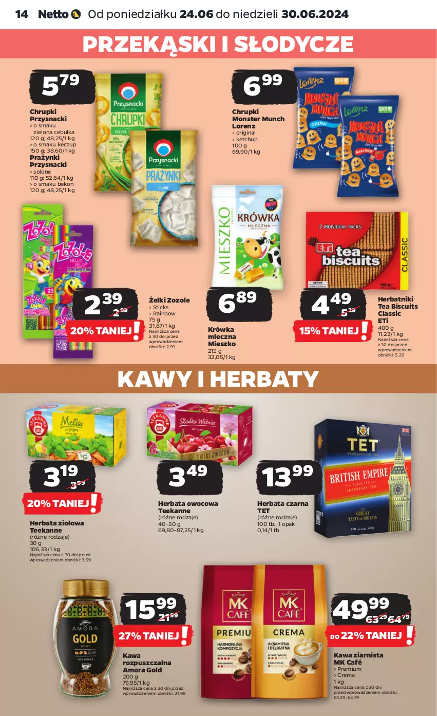 Gazetka promocyjna Netto - Od Poniedziałku - ważna 24.06 do 30.06.2024 - strona 14 - produkty: Beko, Chrupki, Gin, Herbata, Herbata czarna, Herbata owocowa, Herbatniki, Kawa, Kawa rozpuszczalna, Kawa ziarnista, Ketchup, Lorenz, Monster Munch, Przysnacki, Teekanne