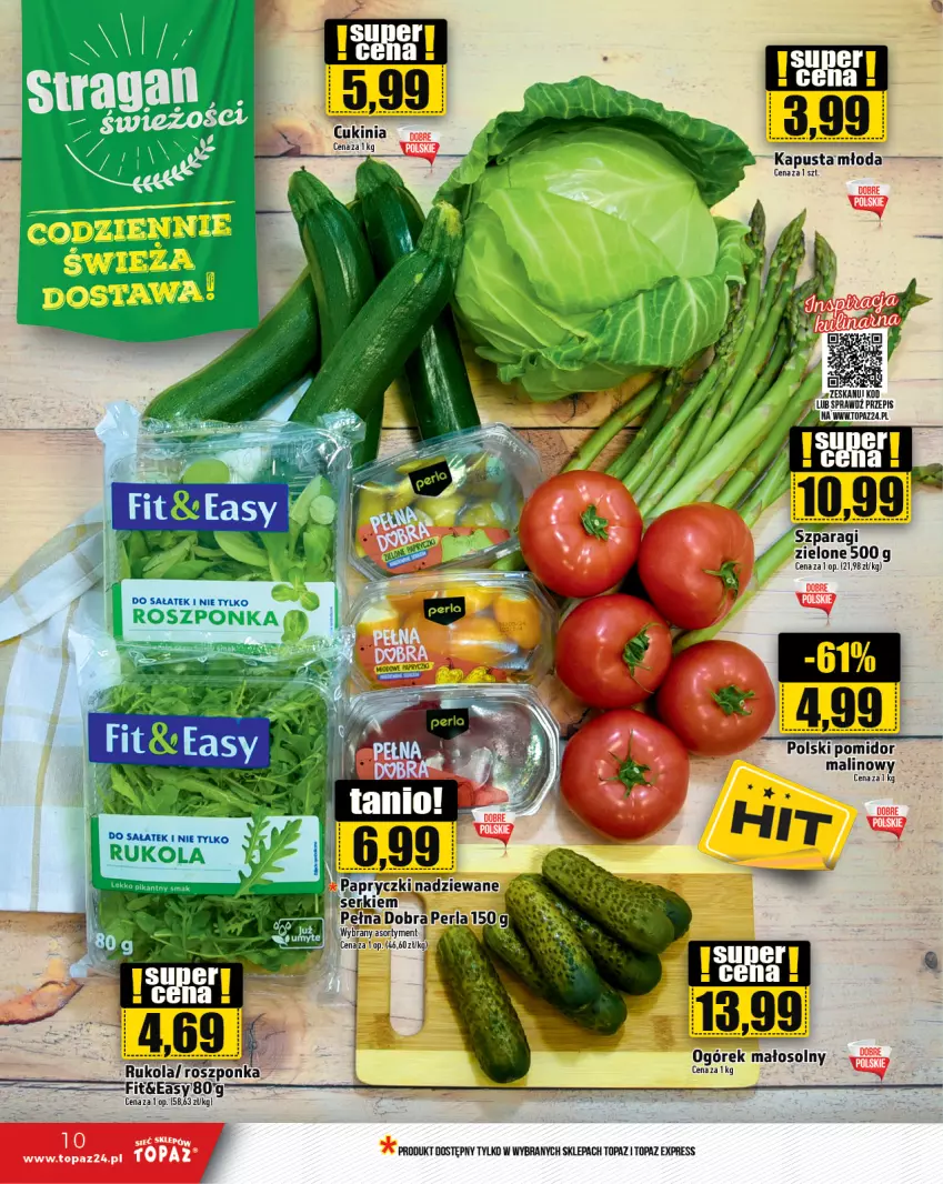 Gazetka promocyjna Topaz - Gazetka - ważna 31.05 do 05.06.2024 - strona 10 - produkty: Ogórek, Pomidor malinowy, Roszponka, Rukola, Ser, Top