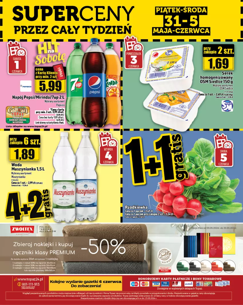 Gazetka promocyjna Topaz - Gazetka - ważna 31.05 do 05.06.2024 - strona 24 - produkty: 7up, Fa, Mirinda, Mus, Muszynianka, Napój, Olej, Pepsi, Top, Woda