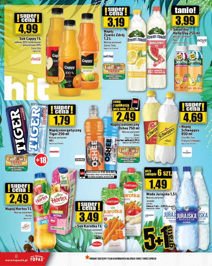 Gazetka promocyjna Topaz - Gazetka - ważna 31.05 do 05.06.2024 - strona 8 - produkty: Cappy, Coca-Cola, Fortuna, Gin, Hortex, Napój, Napój energetyczny, Oshee, Schweppes, Sok, Tiger, Top