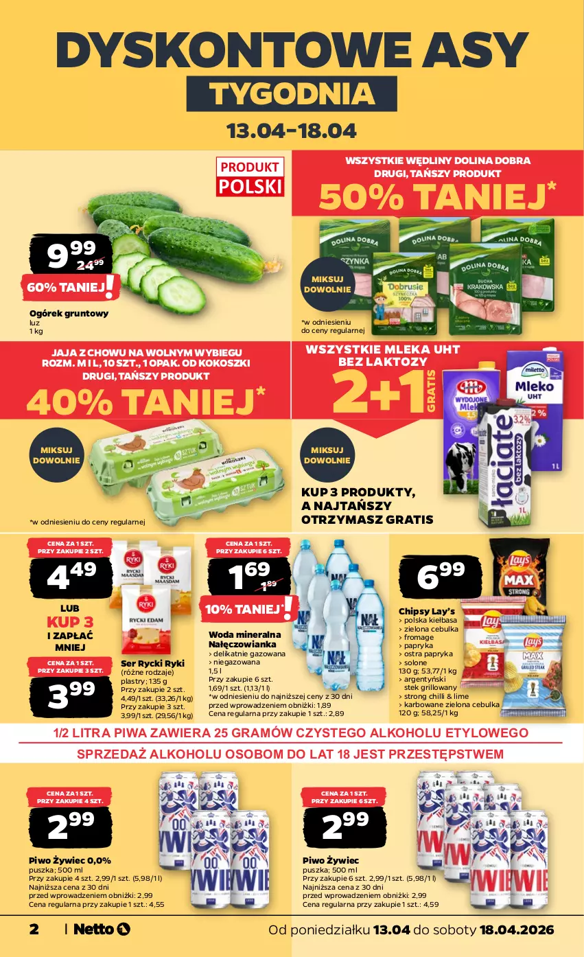 Gazetka promocyjna Netto - Od Poniedziałku - ważna 13.04 do 18.04.2026 - strona 2 - produkty: Chipsy, Gra, Grill, Grunt, Jaja, Kiełbasa, Kokos, Kosz, Lay’s, Nałęczowianka, Ogórek, Papryka, Piwa, Piwo, Ser, Stek, Woda, Woda mineralna