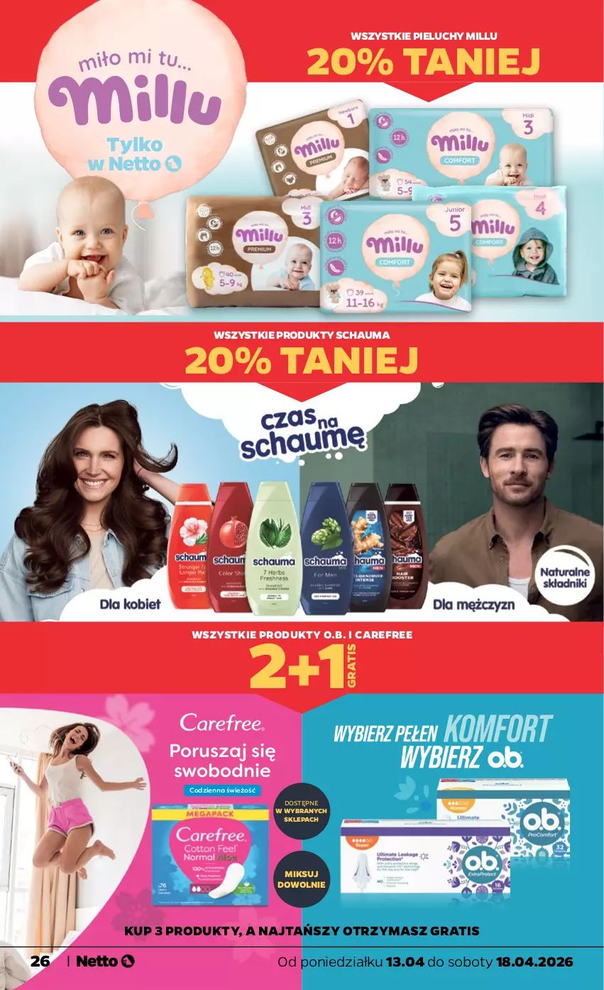Gazetka promocyjna Netto - Od Poniedziałku - ważna 13.04 do 18.04.2026 - strona 26 - produkty: Carefree, Gra, O.B., Pieluchy, Por, Schauma