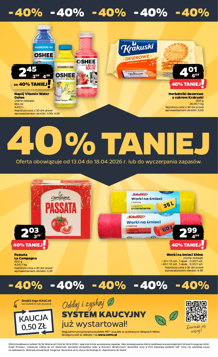 Gazetka promocyjna Netto - Od Poniedziałku - ważna 13.04 do 18.04.2026 - strona 29 - produkty: Deser, Herbatniki, Krakus, Krakuski, Napój, Oshee, Ser, Worki na śmiec, Worki na śmieci
